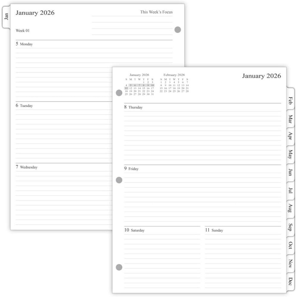 2026 Weekly Planner Refills for 3-Ring Binder with Monthly Tabs, Two Pages Per
